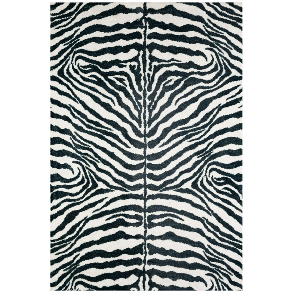5" X 8" Black and White Zebra Print Shag Handmade Non Skid Area Rug