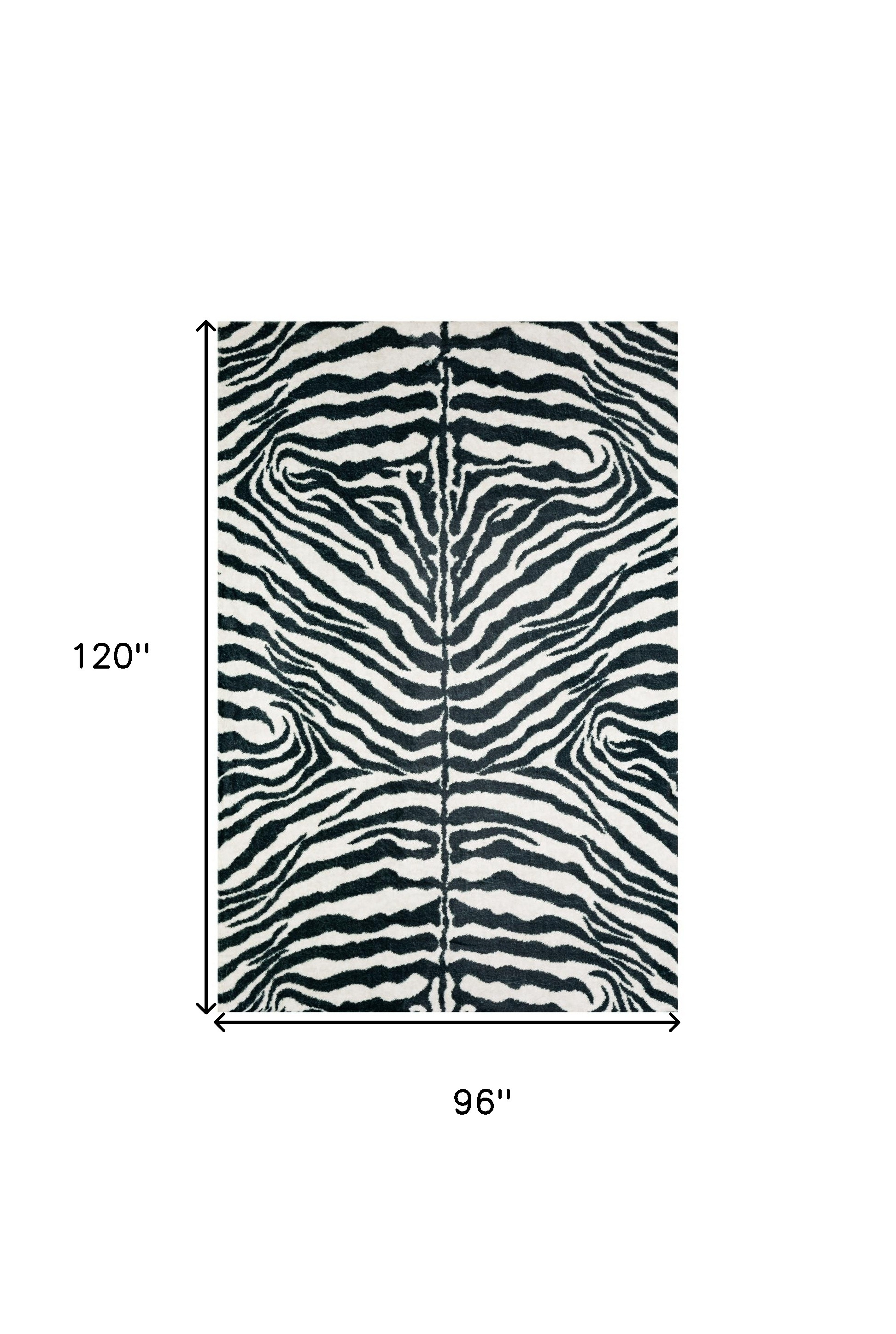 8" X 10" Black and White Zebra Print Shag Handmade Non Skid Area Rug