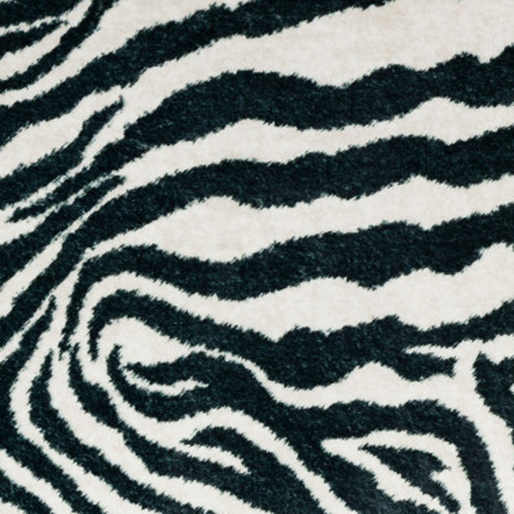 8" X 10" Black and White Zebra Print Shag Handmade Non Skid Area Rug