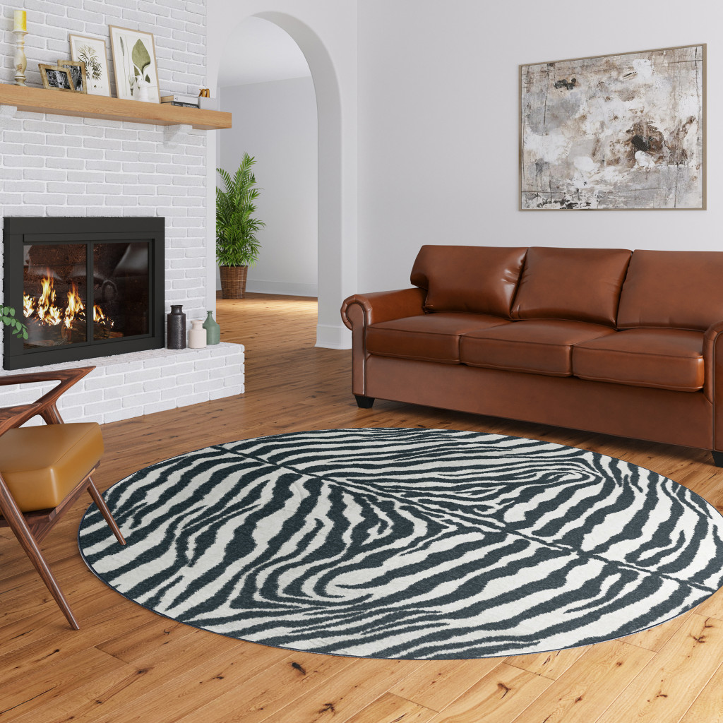 8" X 8" Black and White Zebra Print Round Shag Handmade Non Skid Area Rug
