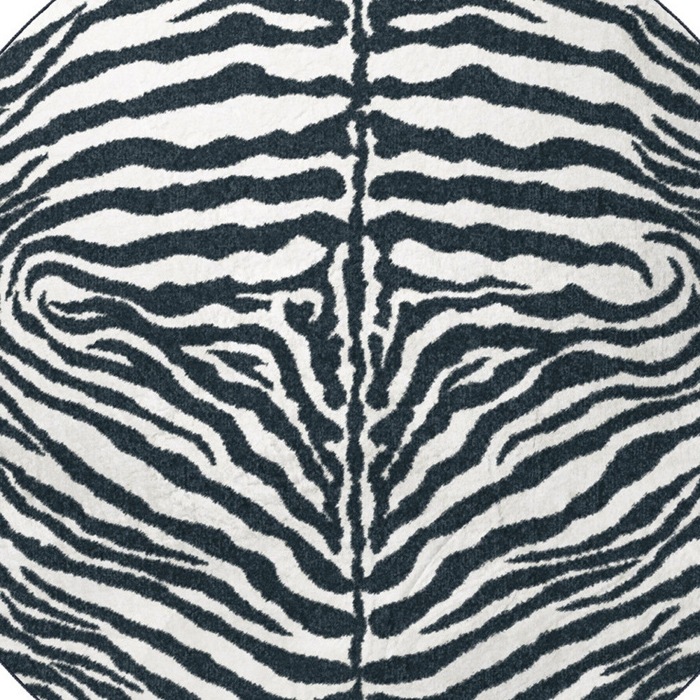 8" X 8" Black and White Zebra Print Round Shag Handmade Non Skid Area Rug