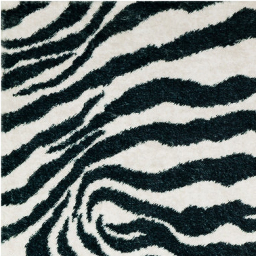8" X 8" Black and White Zebra Print Round Shag Handmade Non Skid Area Rug