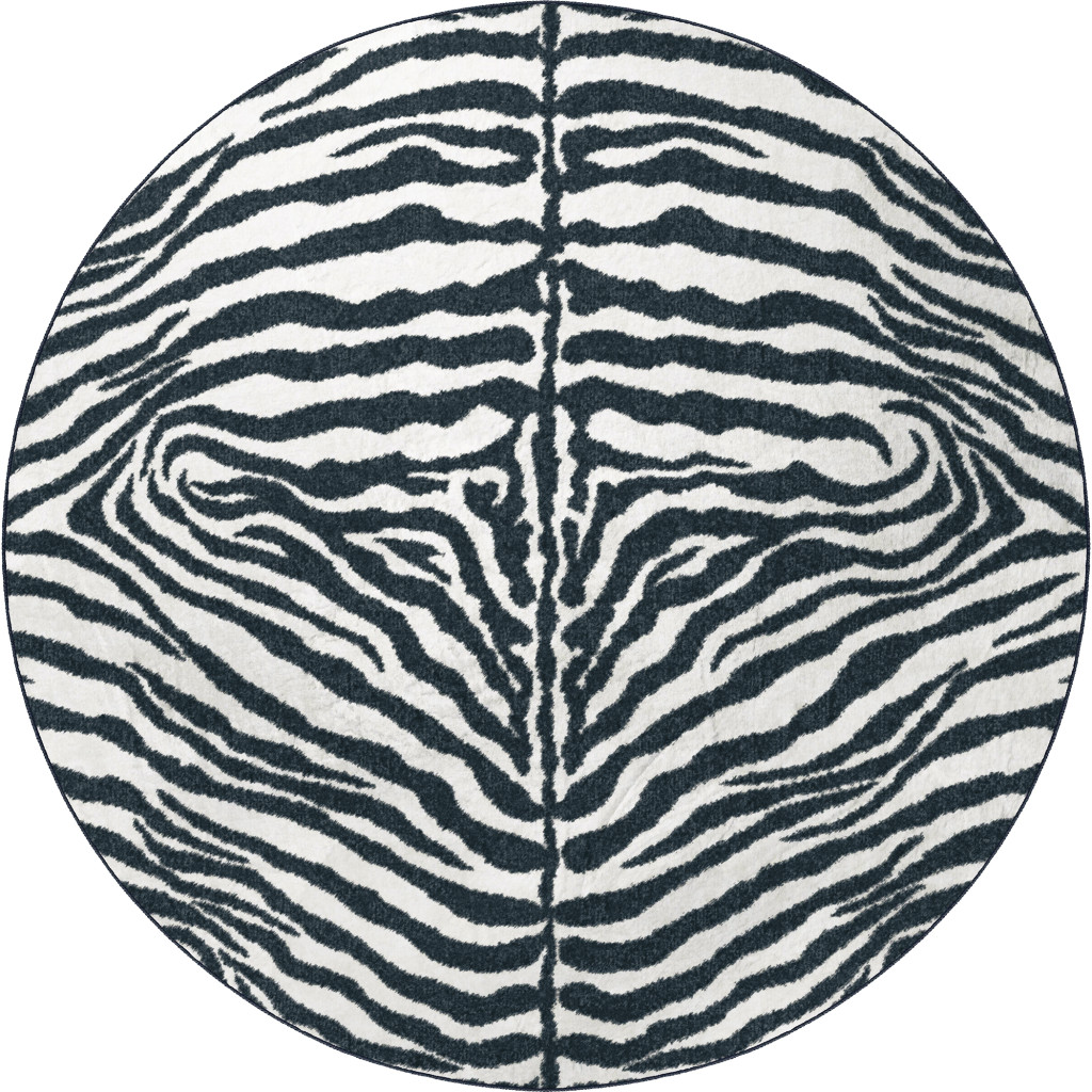 8" X 8" Black and White Zebra Print Round Shag Handmade Non Skid Area Rug