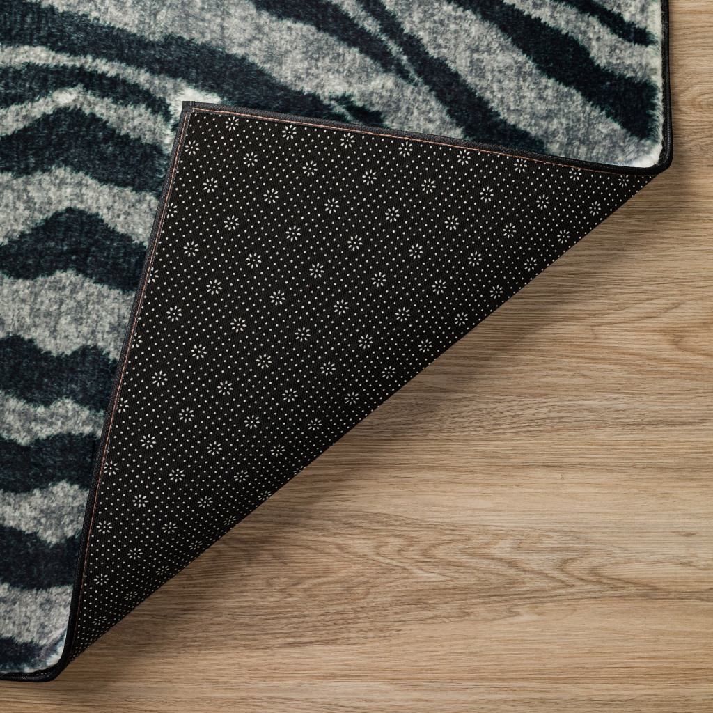 3" X 5" Black and Gray Zebra Print Shag Handmade Non Skid Area Rug