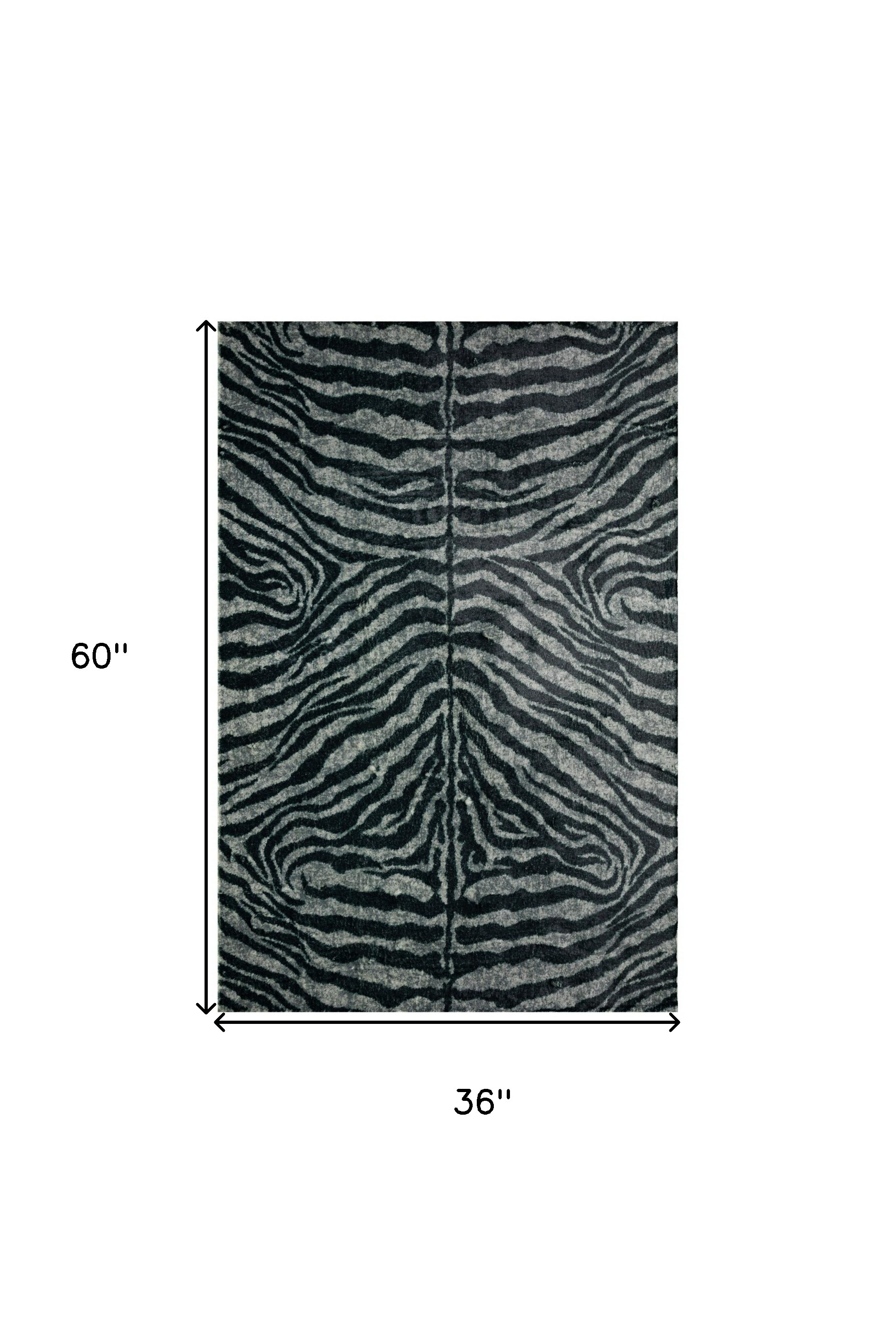 3" X 5" Black and Gray Zebra Print Shag Handmade Non Skid Area Rug
