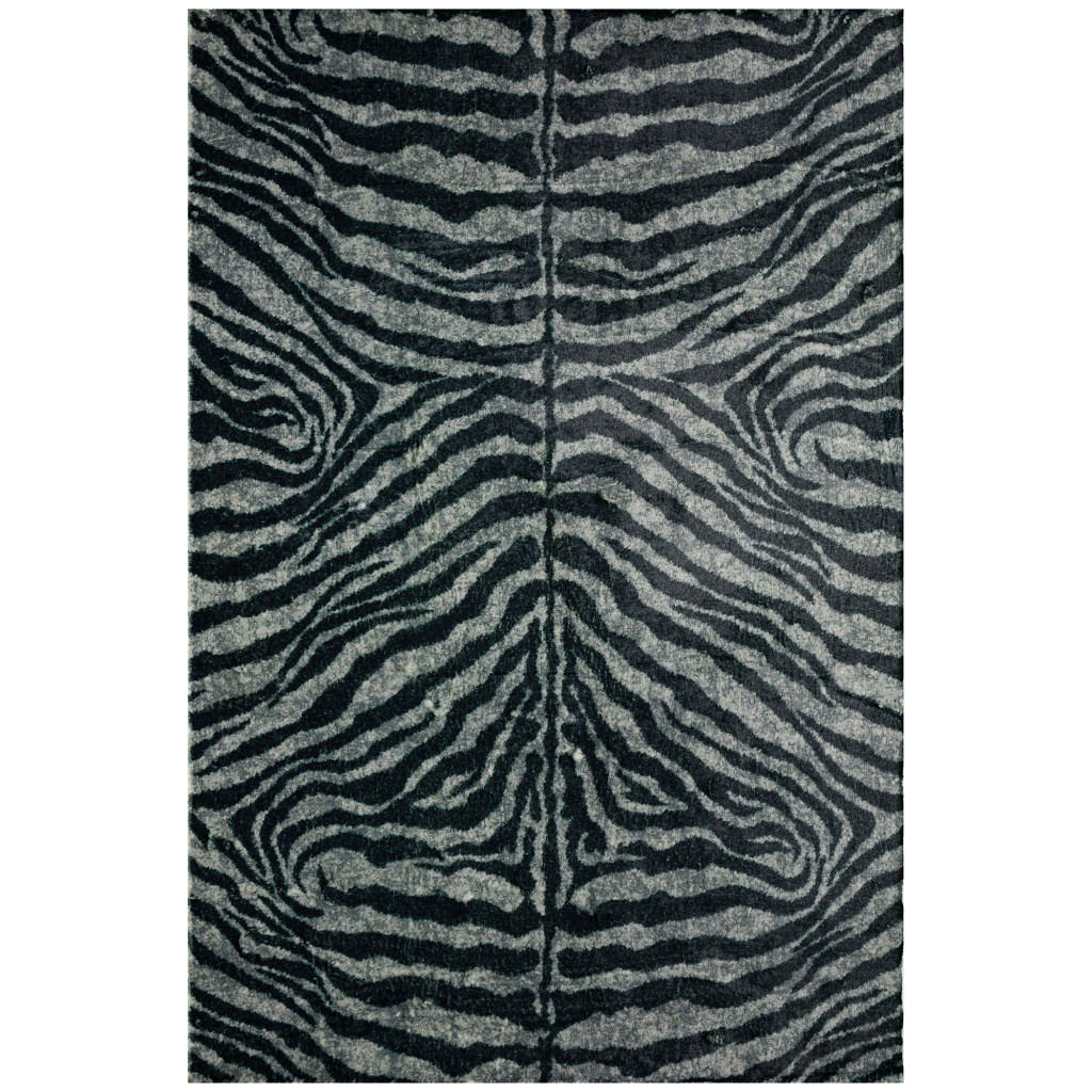 3" X 5" Black and Gray Zebra Print Shag Handmade Non Skid Area Rug