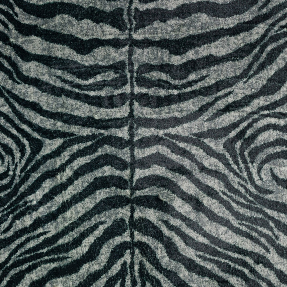 8" X 8" Black and Gray Round Zebra Print Shag Handmade Non Skid Area Rug