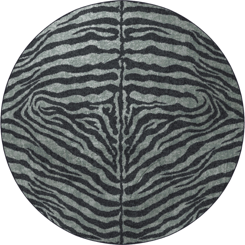 8" X 8" Black and Gray Round Zebra Print Shag Handmade Non Skid Area Rug
