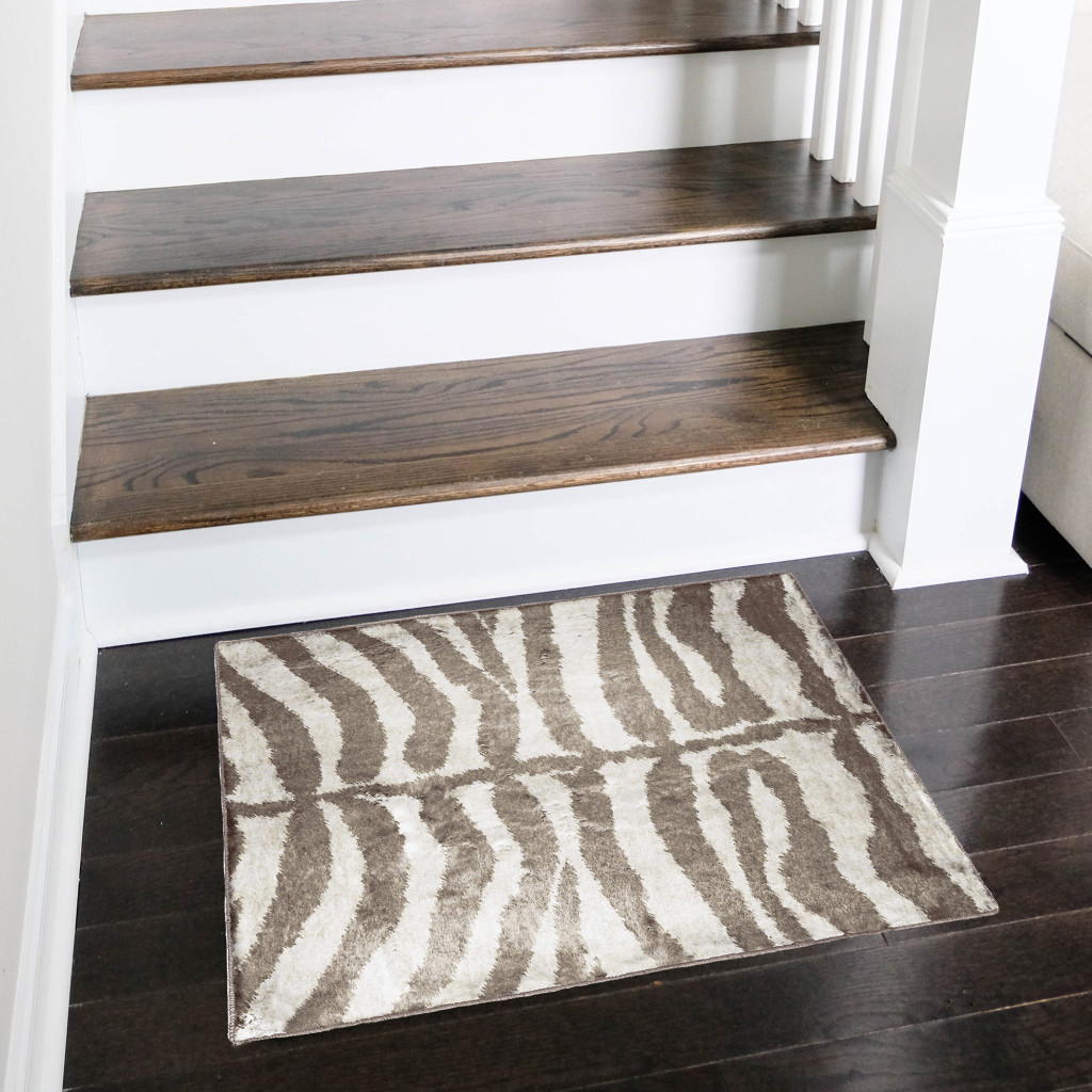 2" X 3" Mocha and Cream Zebra Print Shag Handmade Non Skid Area Rug