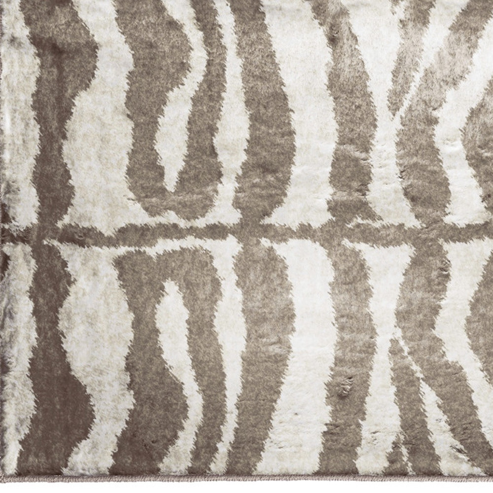 2" X 3" Mocha and Cream Zebra Print Shag Handmade Non Skid Area Rug