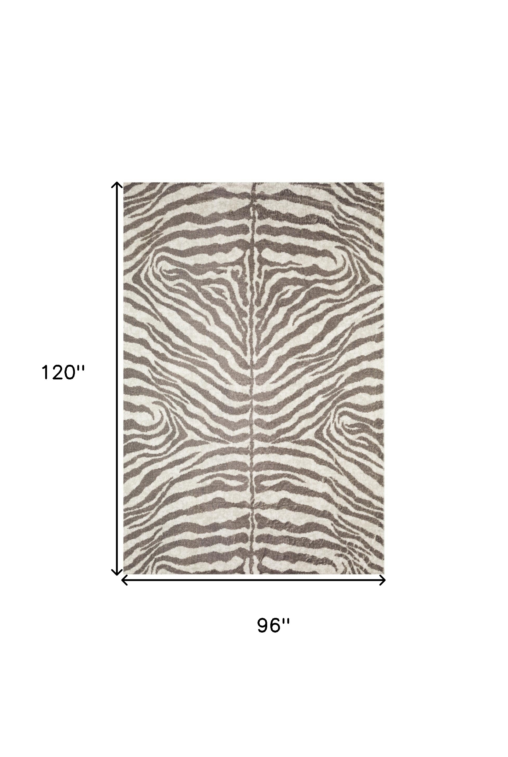 8" X 10" Mocha and Cream Zebra Print Shag Handmade Non Skid Area Rug