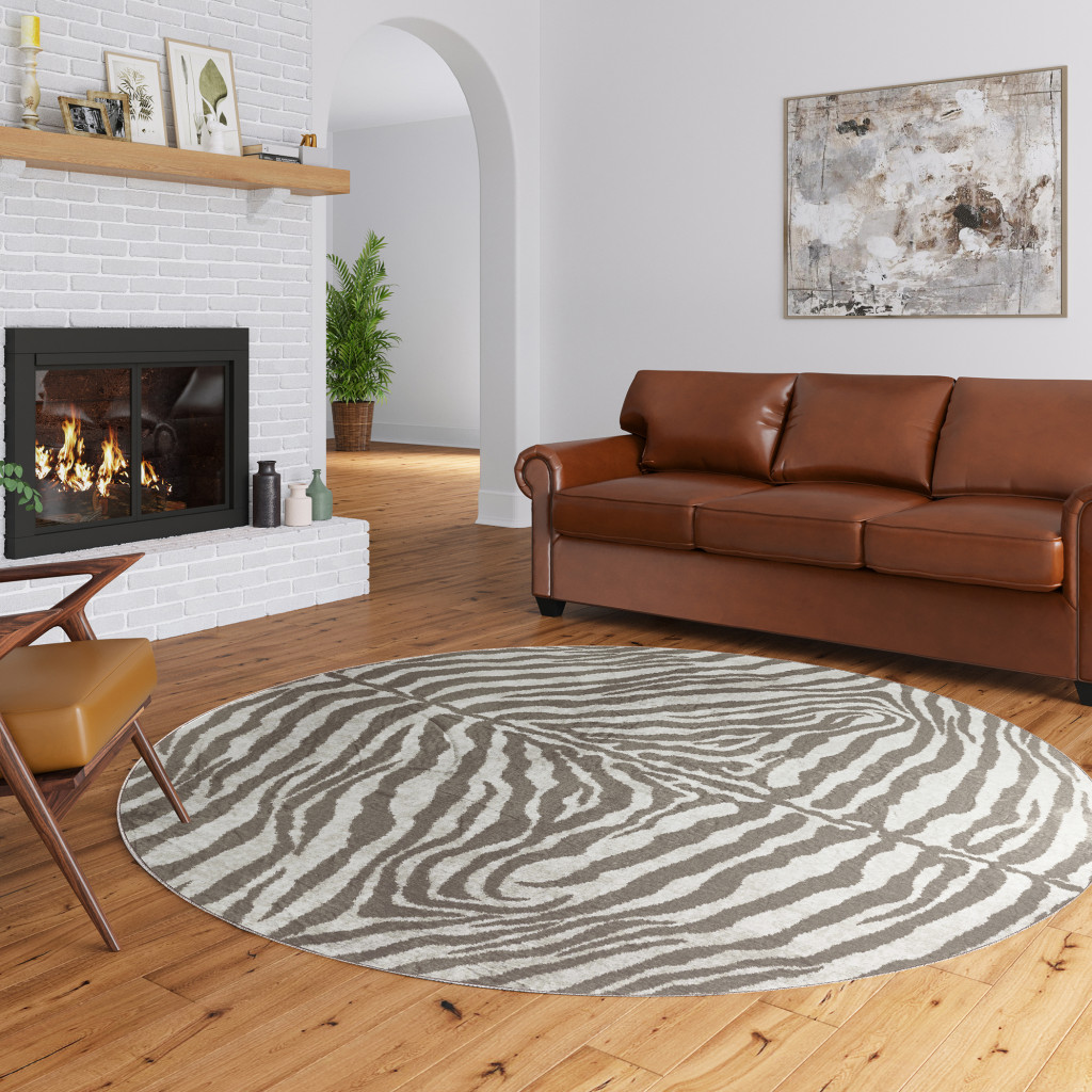 8" X 8" Mocha and Cream Round Zebra Print Shag Handmade Non Skid Area Rug