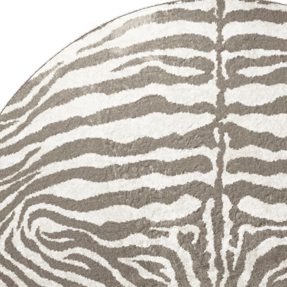 8" X 8" Mocha and Cream Round Zebra Print Shag Handmade Non Skid Area Rug