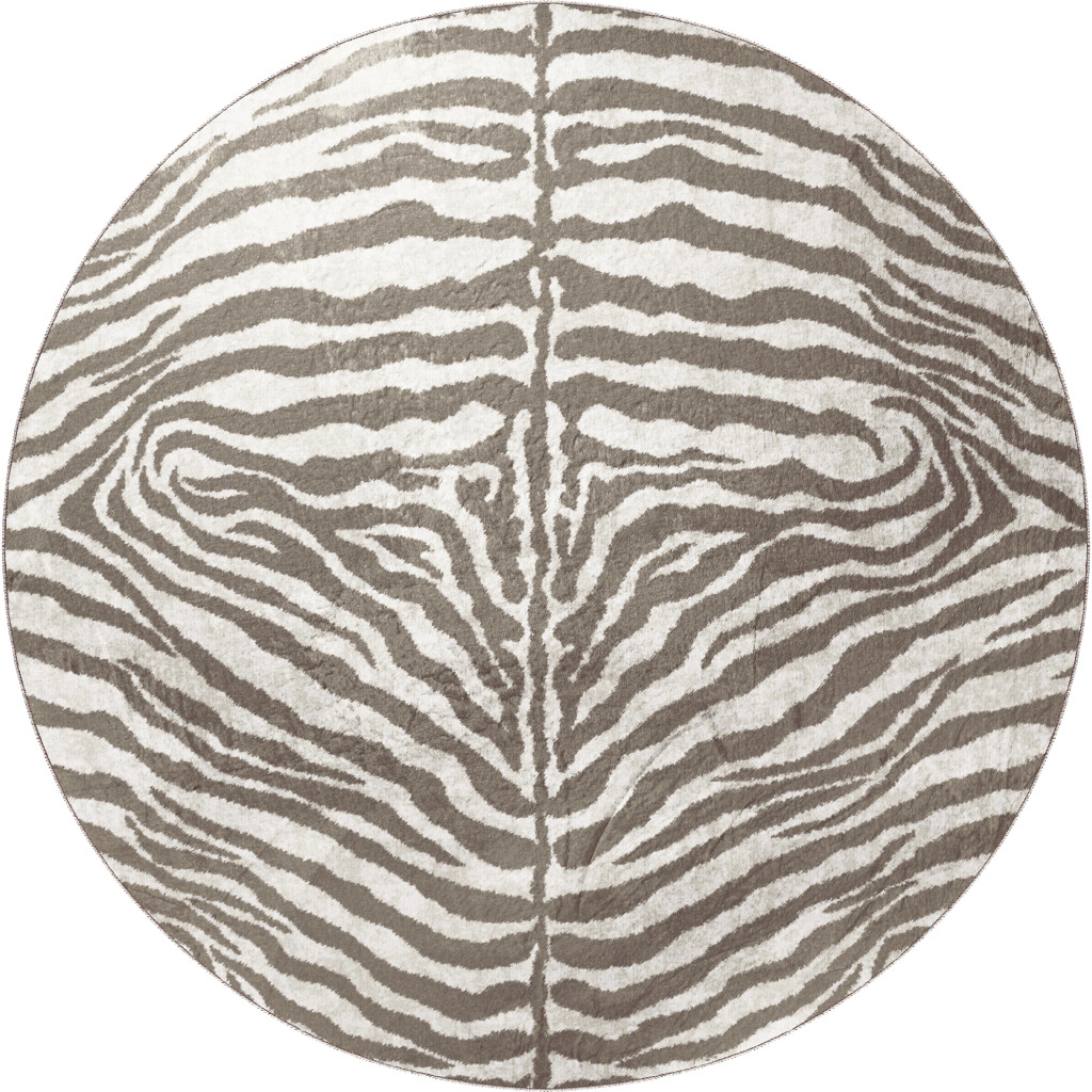 8" X 8" Mocha and Cream Round Zebra Print Shag Handmade Non Skid Area Rug