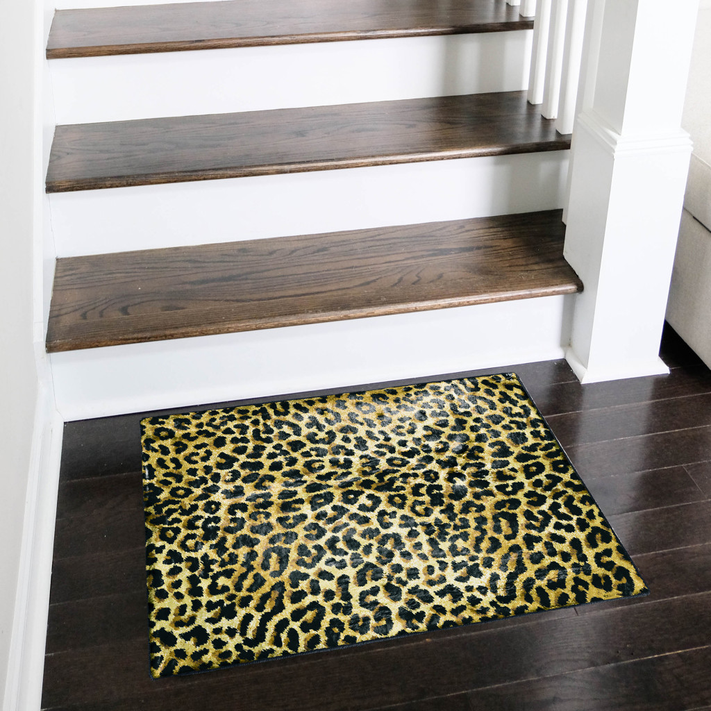 2 X 3 Black and gold Leopard Print Shag Handmade Non Skid Area Rug