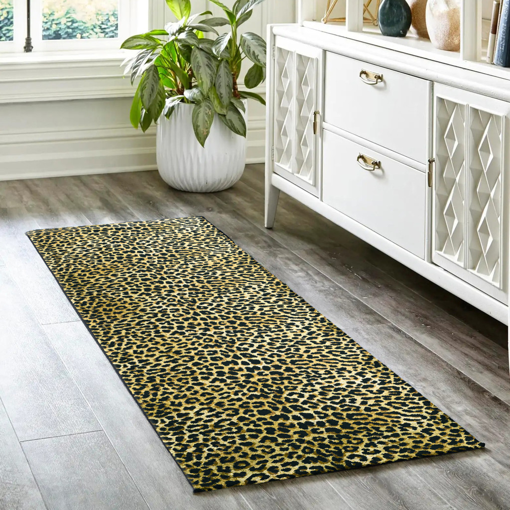 2 X 8 Black and gold Leopard Print Shag Handmade Non Skid Runner Rug