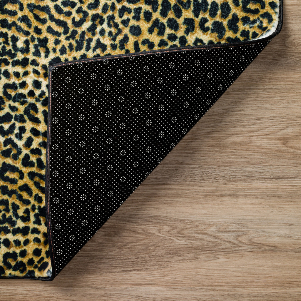 2 X 8 Black and gold Leopard Print Shag Handmade Non Skid Runner Rug