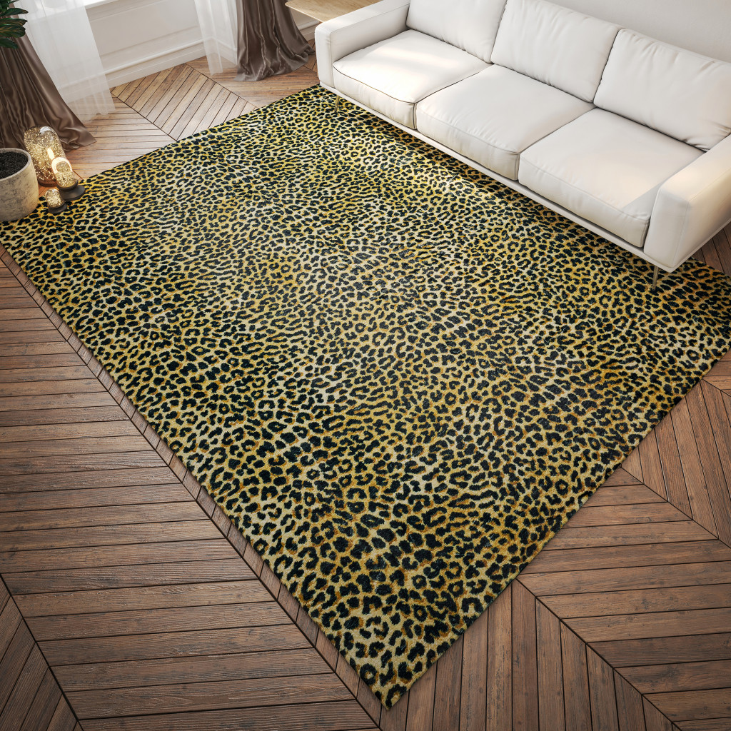 3 X 5 Black and gold Leopard Print Shag Handmade Non Skid Area Rug