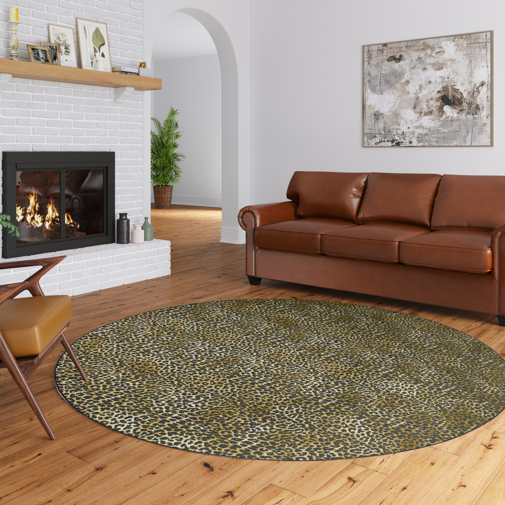 8" X 8" Black and Gold Round Leopard Print Shag Handmade Non Skid Area Rug