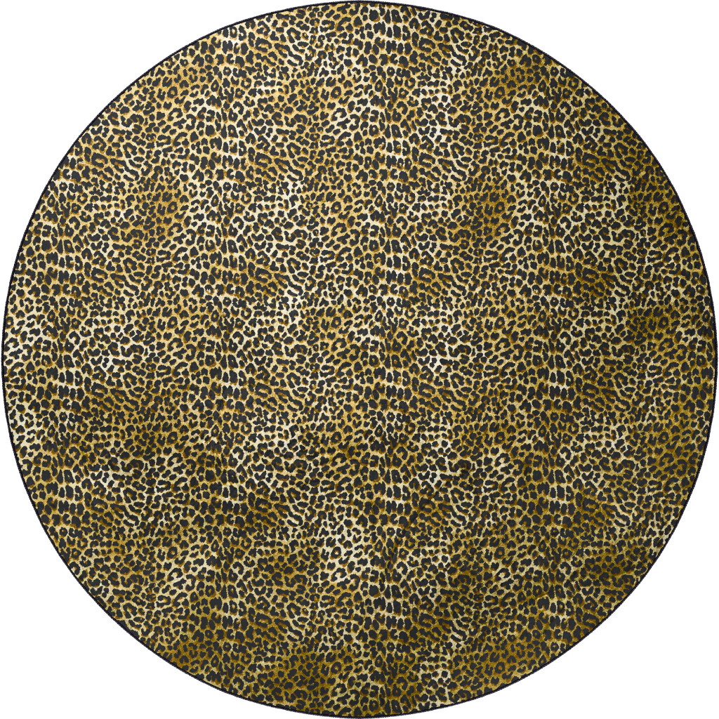 8" X 8" Black and Gold Round Leopard Print Shag Handmade Non Skid Area Rug