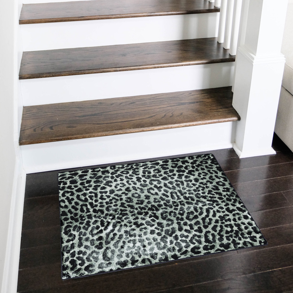2 X 3 Black and gray Leopard Print Shag Handmade Non Skid Area Rug