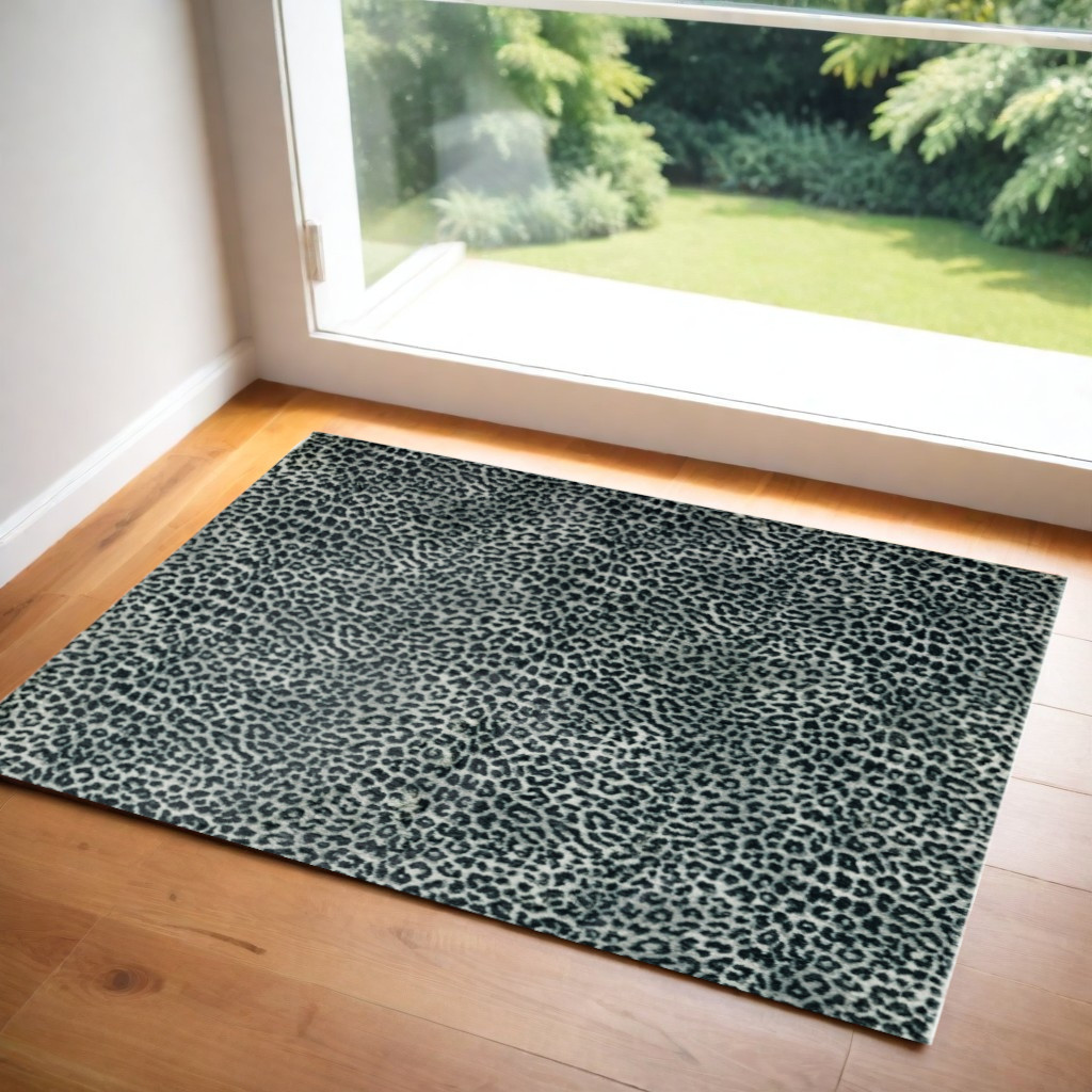 2' X 3' Black and Gray Leopard Print Shag Handmade Non Skid Area Rug-491667-1