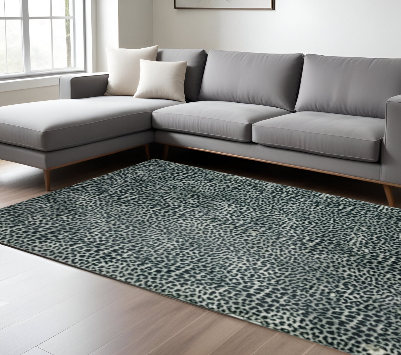 8' X 10' Black and Gray Leopard Print Shag Handmade Non Skid Area Rug-491671-1