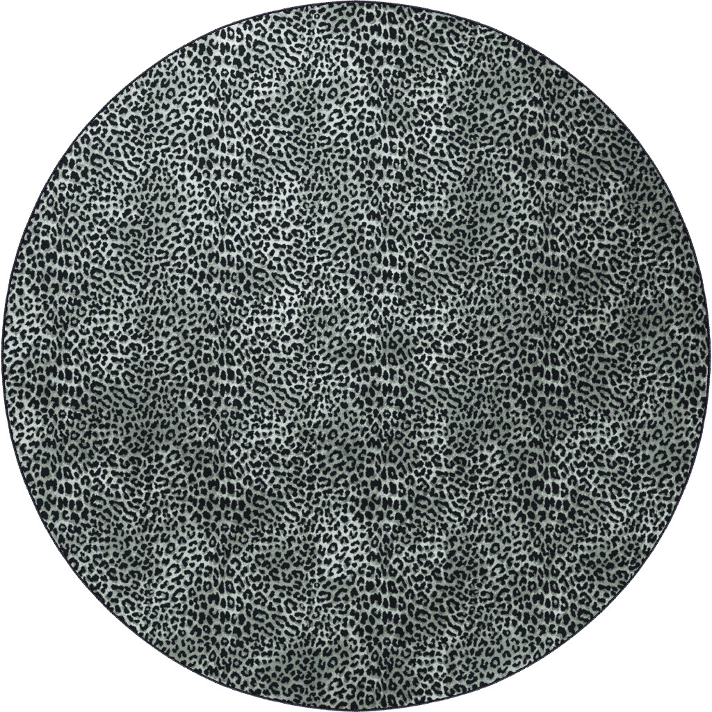 8" X 8" Black and Gray Leopard Round Shag Handmade Non Skid Area Rug