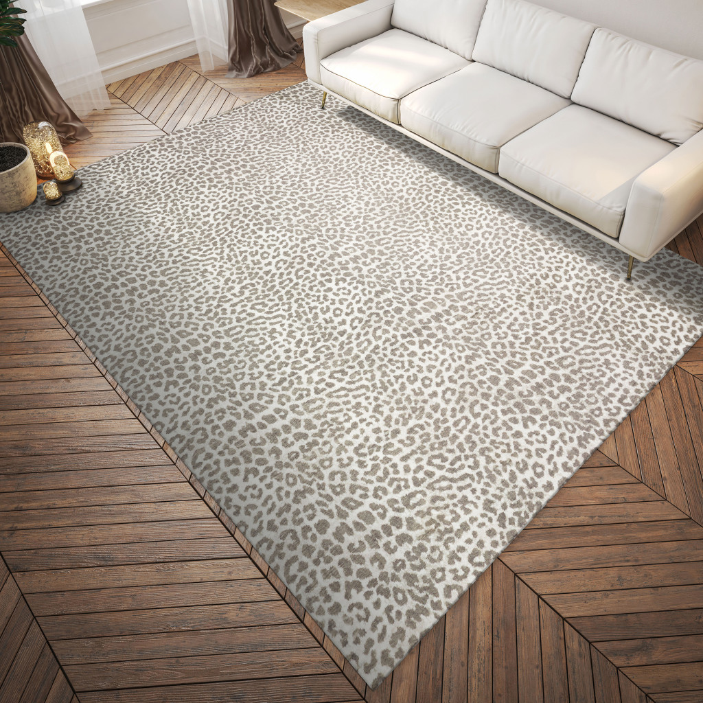 8" X 10" Beige and Cream Leopard  Print Shag Handmade Non Skid Area Rug