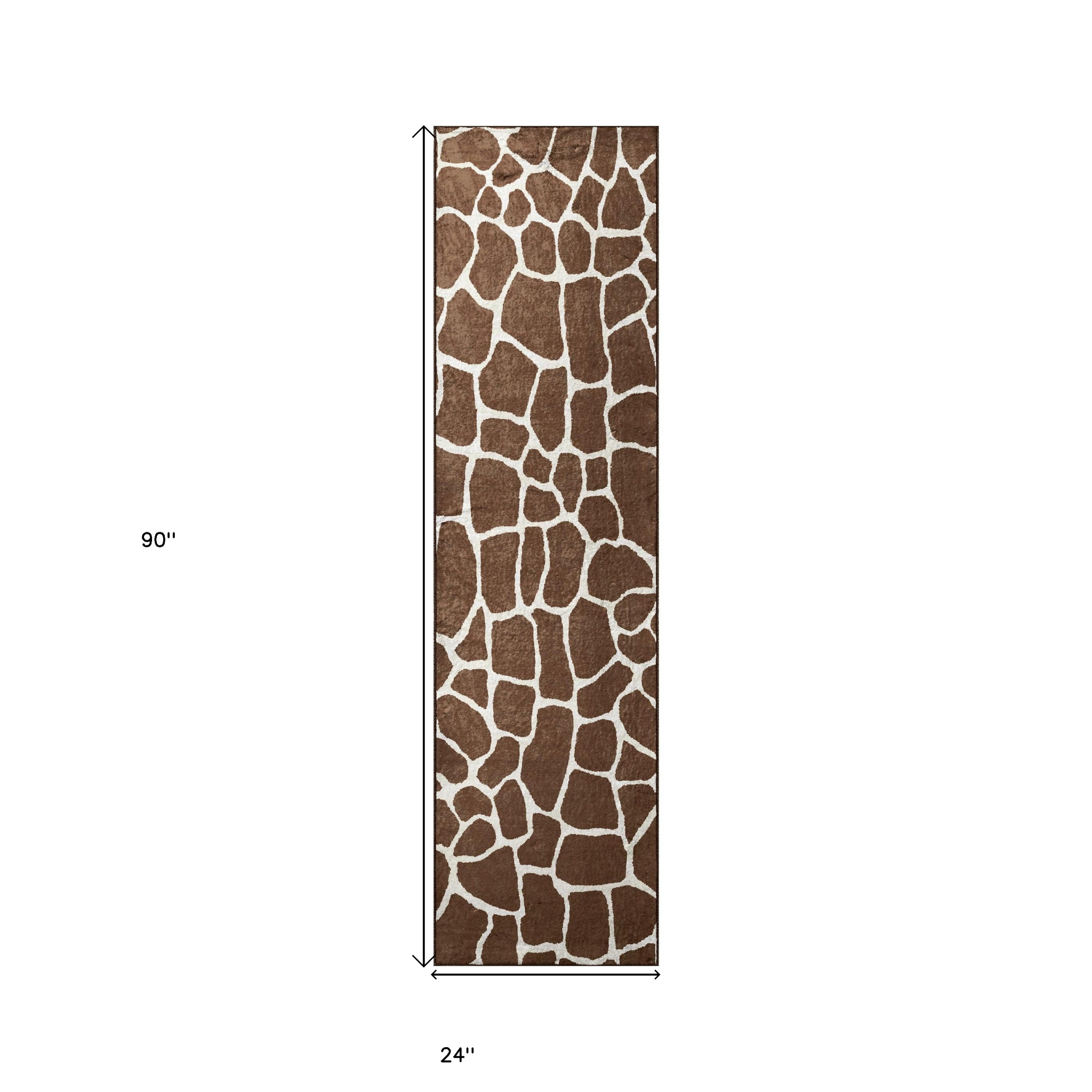 8" Brown and Ivory Animal Print Handmade Non Skid Runner Rug