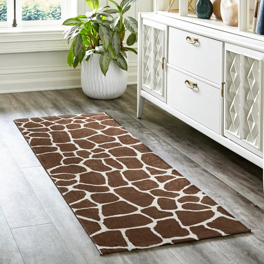 8" Brown and Ivory Animal Print Handmade Non Skid Runner Rug