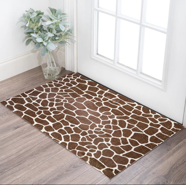 3" X 5" Brown and White Animal Print Shag Non Skid Area Rug