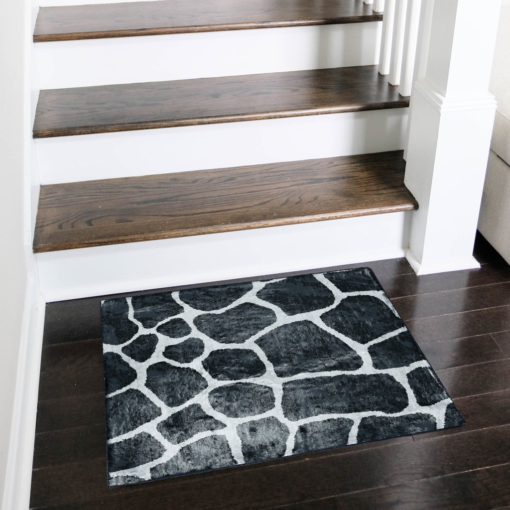 2" X 3" Black and White Croc Print Shag Handmade Non Skid Area Rug