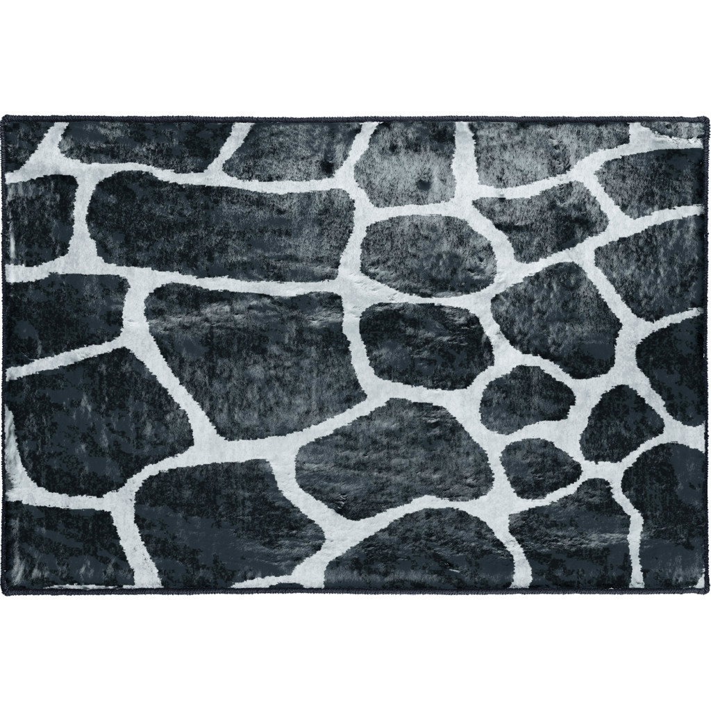 2" X 3" Black and White Croc Print Shag Handmade Non Skid Area Rug
