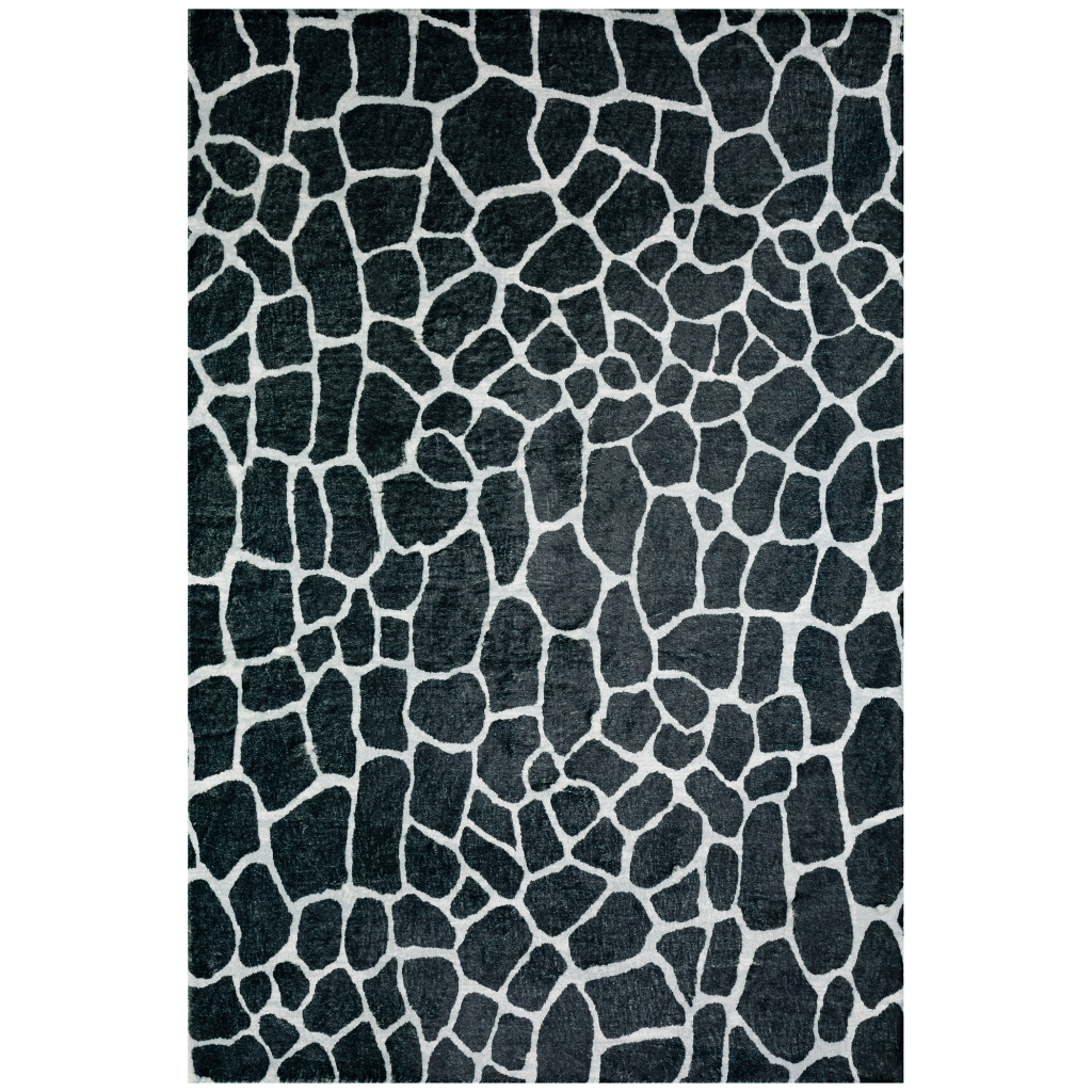 3" X 5" Black and White Croc Print Shag Handmade Non Skid Area Rug