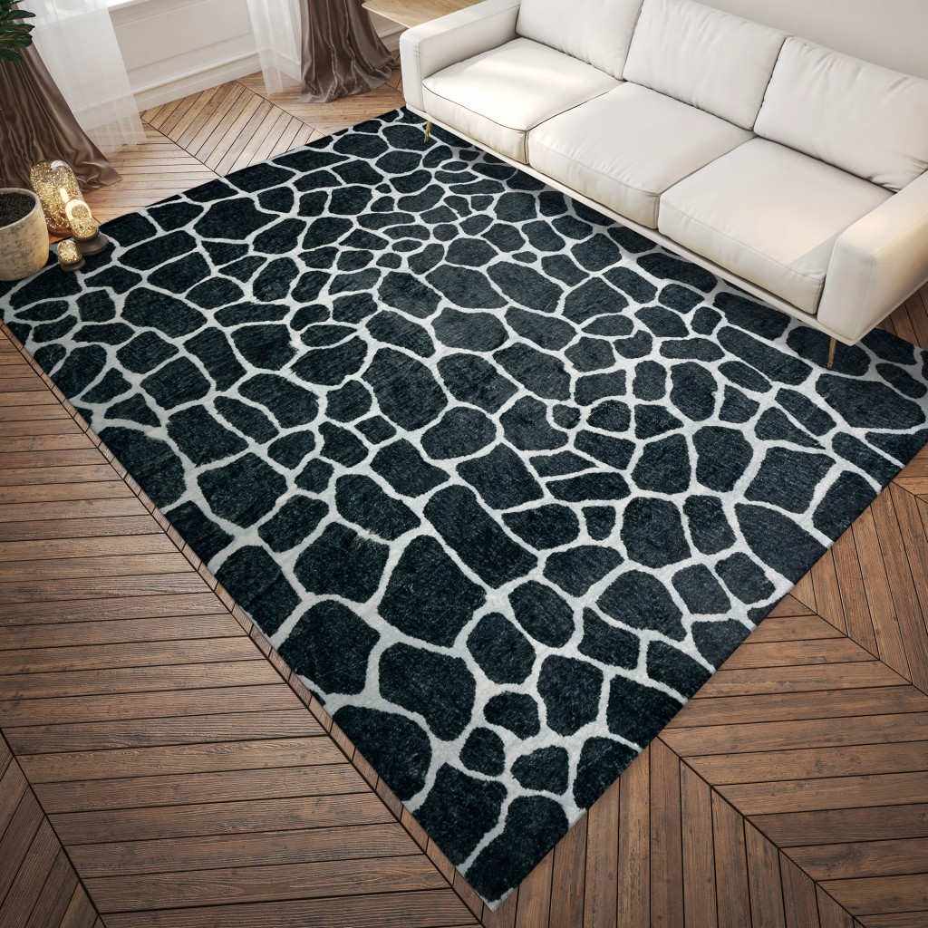 5 X 8 Black and White croc Print Shag Handmade Non Skid Area Rug