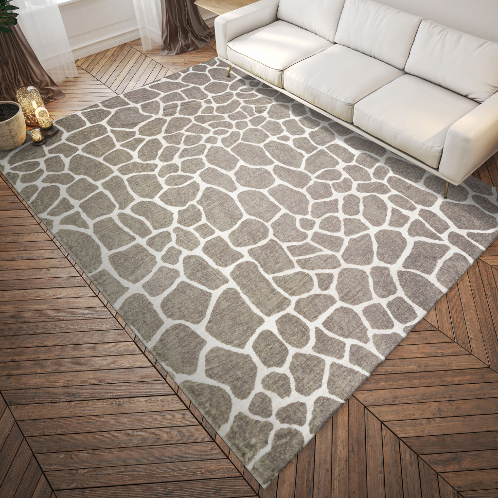 8" X 10" Beige Giraffe Print Shag Handmade Non Skid Area Rug