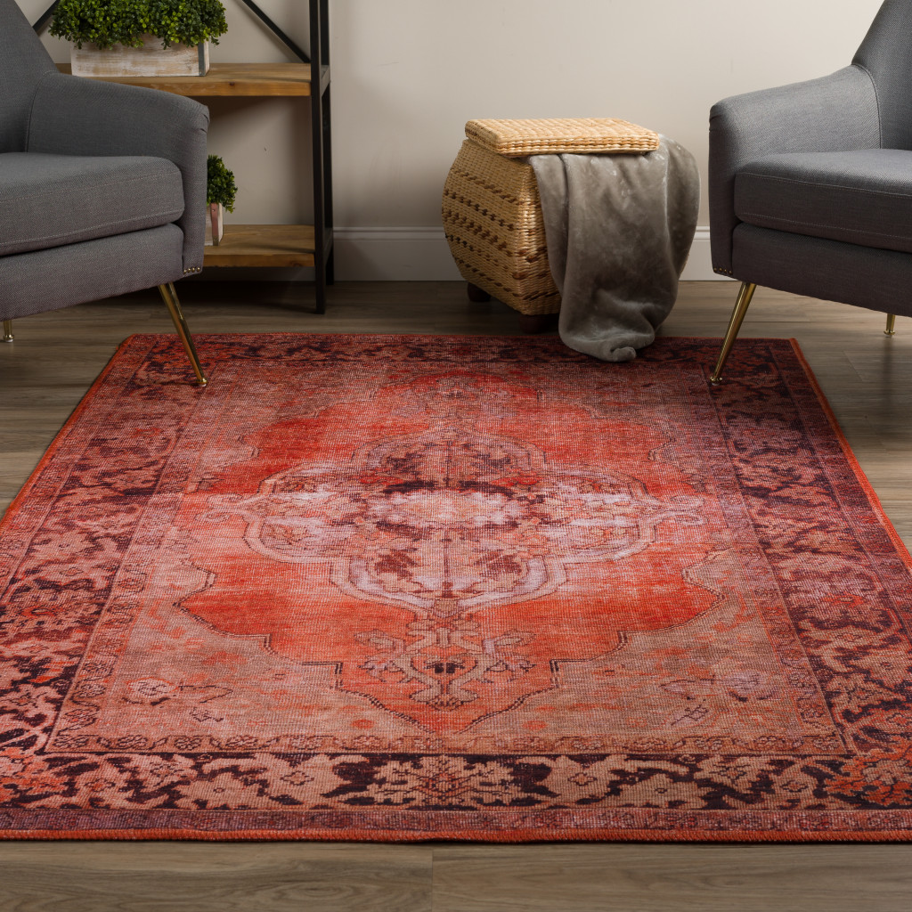 8" X 10" Red Oriental Distressed Non Skid Area Rug