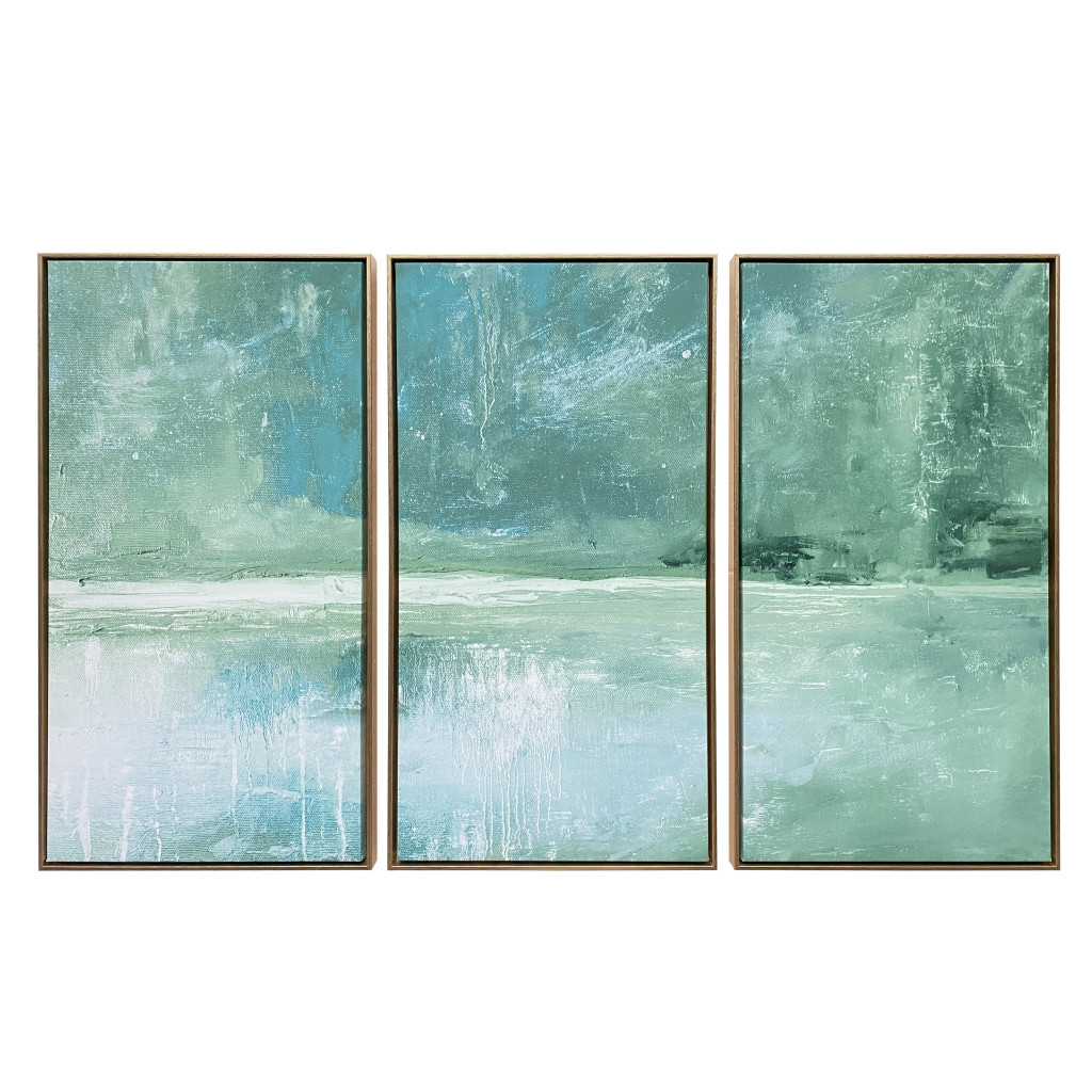 Set Of Three Blue green Abstract Water with gold Floater Frame Painting Wall Art
