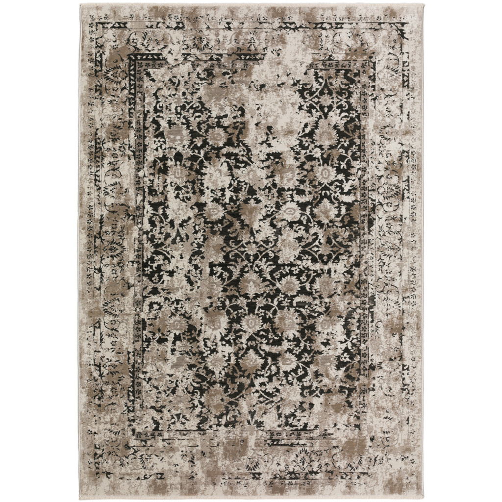 5" X 8" Black Oriental Area Rug With Fringe