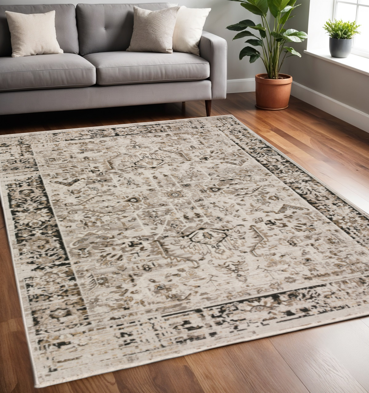 5' X 8' Gray Oriental Area Rug With Fringe-493125-1
