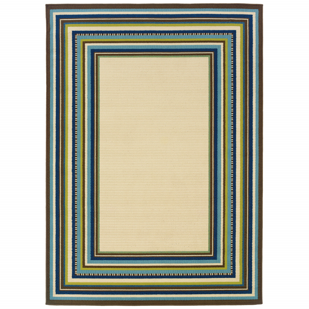 2' X 4' Ivory and Blue Striped Stain Resistant Indoor Outdoor Area Rug-505524-1