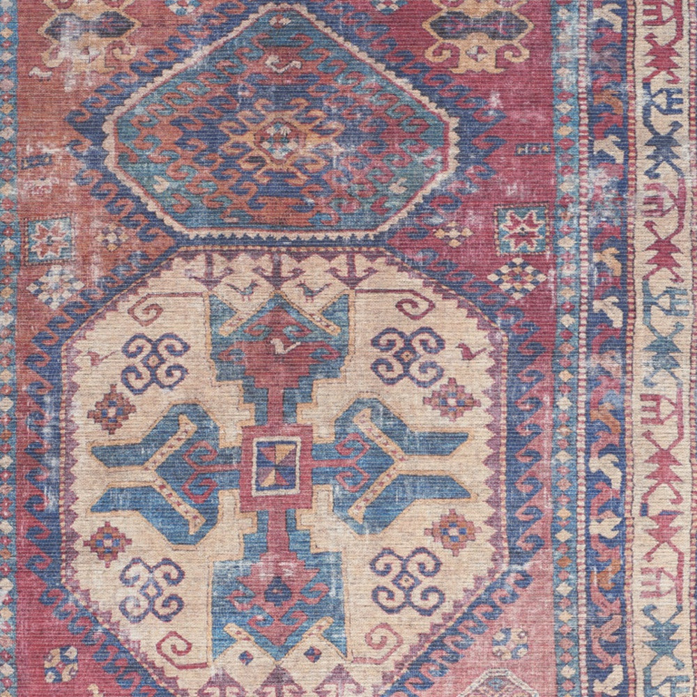 6 X 9 Red And Navy Medallion Distressed Washable Area Rug