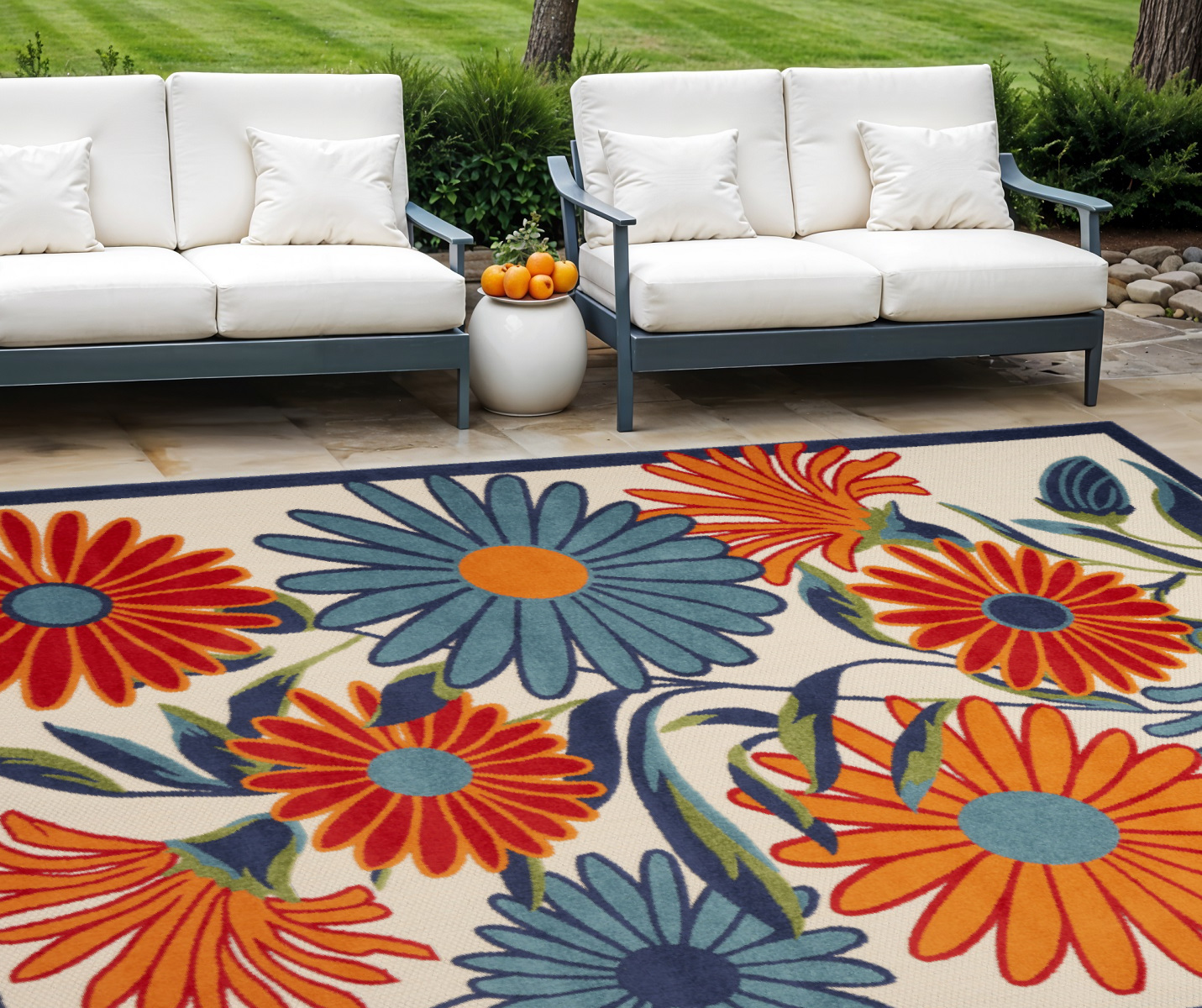8' X 11' Ivory Blue and Orange Floral Non Skid Indoor Outdoor Area Rug-505649-1