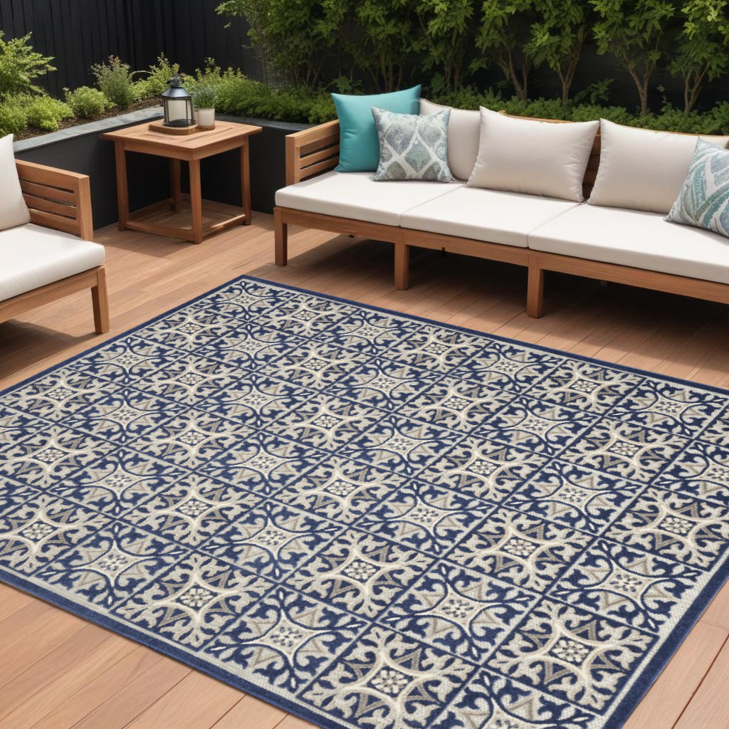 8' X 11' Blue Geometric Non Skid Indoor Outdoor Area Rug-505659-1