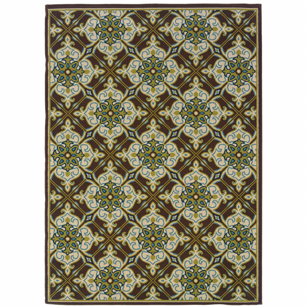8' X 11' Brown and Ivory Floral Stain Resistant Indoor Outdoor Area Rug-506723-1