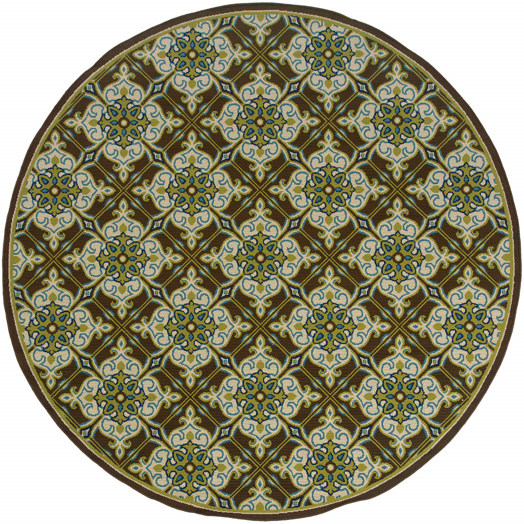 8' X 8' Brown and Ivory Round Floral Stain Resistant Indoor Outdoor Area Rug-506725-1
