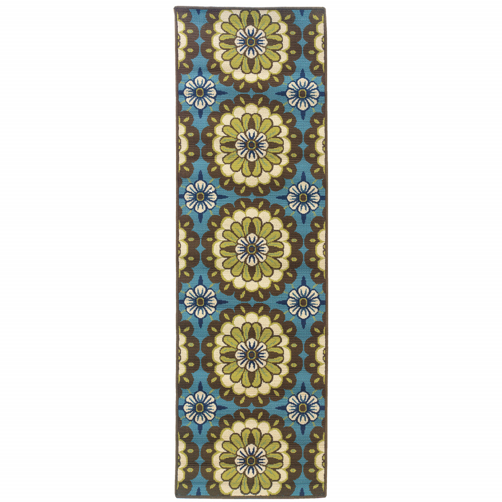 2' X 8' Blue and Green Floral Stain Resistant Indoor Outdoor Area Rug-506760-1