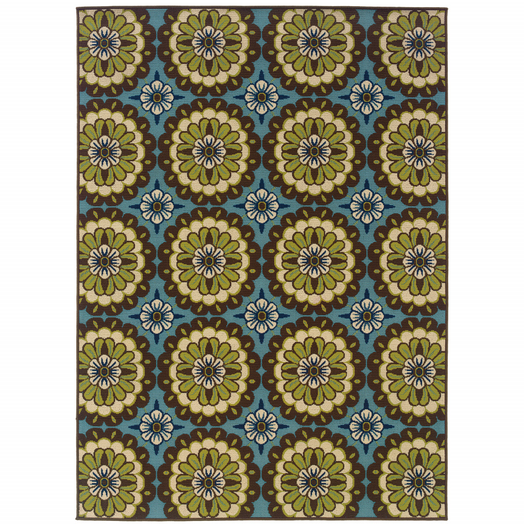 8' X 11' Blue and Green Floral Stain Resistant Indoor Outdoor Area Rug-506765-1