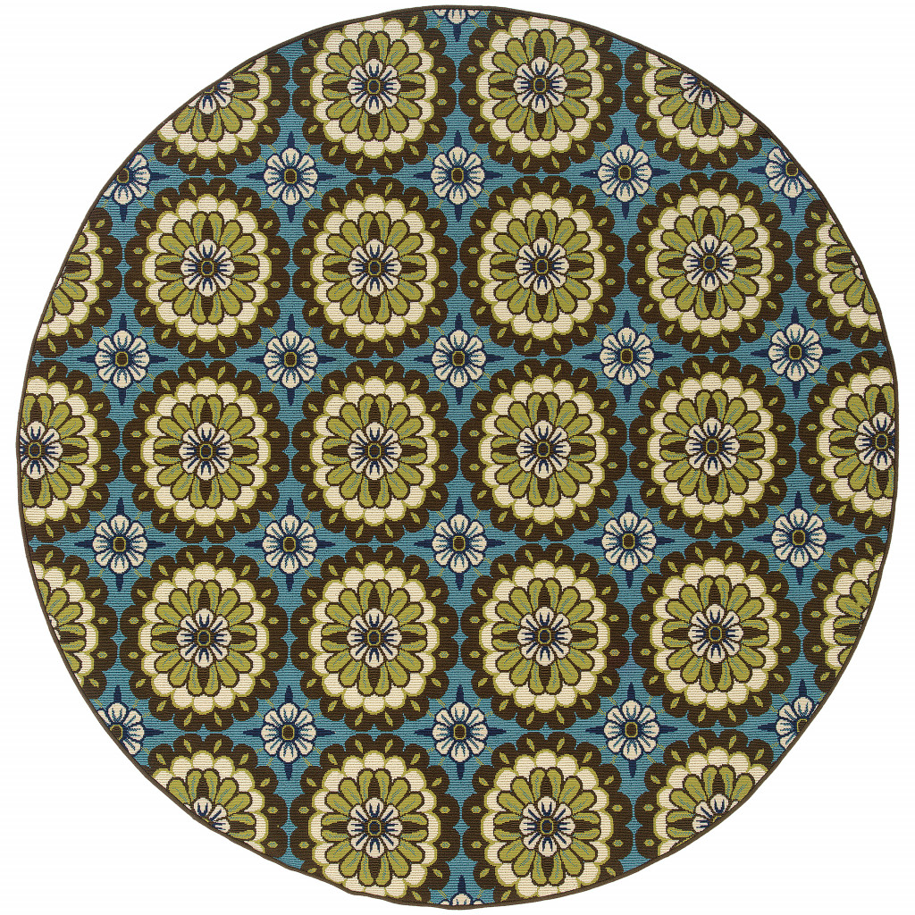 8' X 8' Blue and Green Round Floral Stain Resistant Indoor Outdoor Area Rug-506767-1